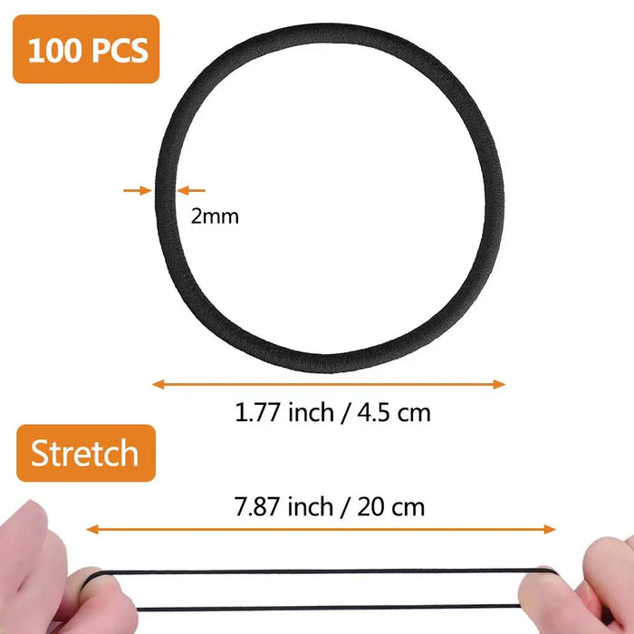 TIYUPA 100 Stück elastische Haarbänder, 2 mm elastische Haargummis, Pferdeschwanzhalter, große Haargummis ohne Metall, sanfte Gummibänder für Damen, Herren, Mädchen, Kinder, Schwarz
