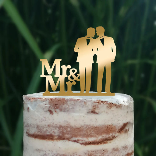Cake Topper (Männerpaar), Mr & Mr, Hochzeit, Verlobung, Trauung, Acryl/Holz, Tortenstecker, Tortenfigur, Tortendeko, Hochzeitstorte, Mann und Mann, Herren, Gay, Schwul, Tortenständer (Beere)