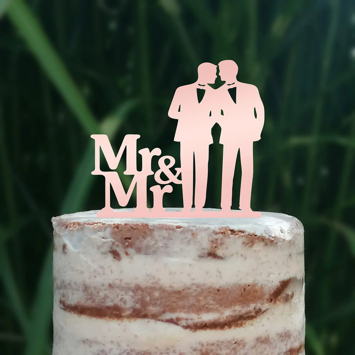Cake Topper (Männerpaar), Mr & Mr, Hochzeit, Verlobung, Trauung, Acryl/Holz, Tortenstecker, Tortenfigur, Tortendeko, Hochzeitstorte, Mann und Mann, Herren, Gay, Schwul, Tortenständer (Beere)