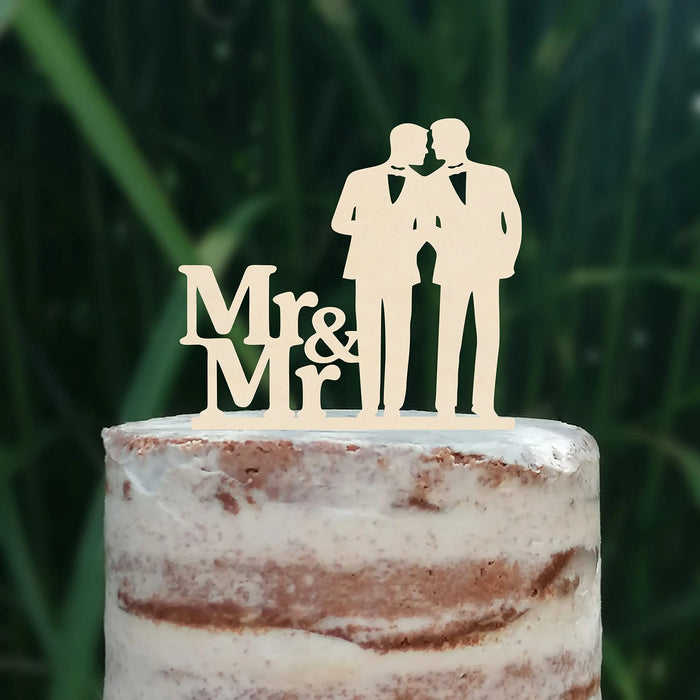 Cake Topper (Männerpaar), Mr & Mr, Hochzeit, Verlobung, Trauung, Acryl/Holz, Tortenstecker, Tortenfigur, Tortendeko, Hochzeitstorte, Mann und Mann, Herren, Gay, Schwul, Tortenständer (Beere)