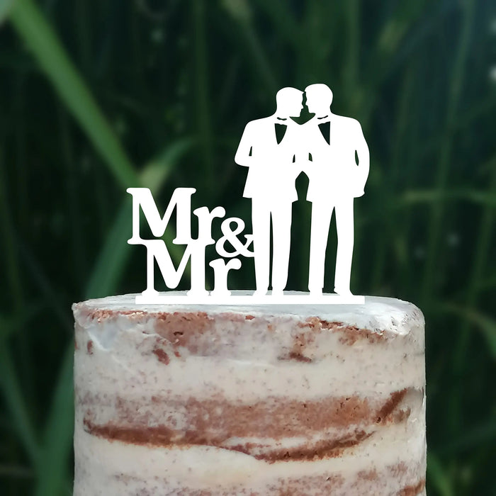 Cake Topper (Männerpaar), Mr & Mr, Hochzeit, Verlobung, Trauung, Acryl/Holz, Tortenstecker, Tortenfigur, Tortendeko, Hochzeitstorte, Mann und Mann, Herren, Gay, Schwul, Tortenständer (Beere)